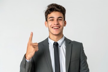Handsome young businessman in suit and glasses, pointing to the side, looking up, white background.