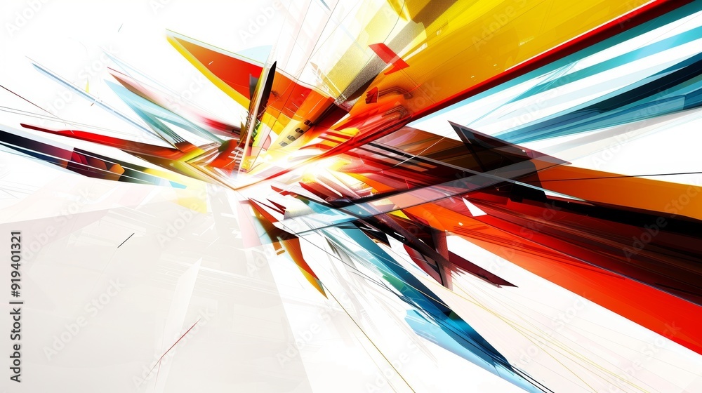 Poster dynamic abstract explosion of colorful geometric shapes against white background creating movement a