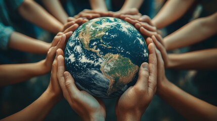 A group of diverse hands holding a globe, symbolizing global unity and environmental care.