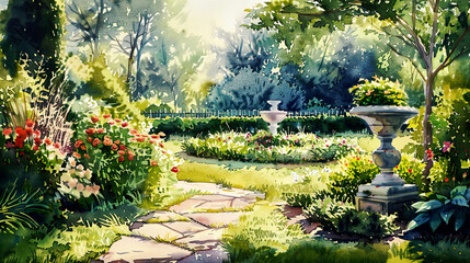 Obraz premium Realistic watercolor of a Victorian garden, ornate flower beds, lush greenery, gentle sunlight ,Ultra-High Detail, Ultra-Realistic