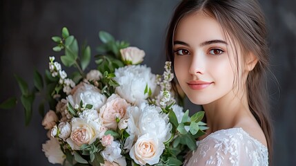 Naklejka premium A woman with long hair holds a bouquet of pastel-colored peonies and roses, looking warmly at the camera in a contemporary studio with a dark gray backdrop
