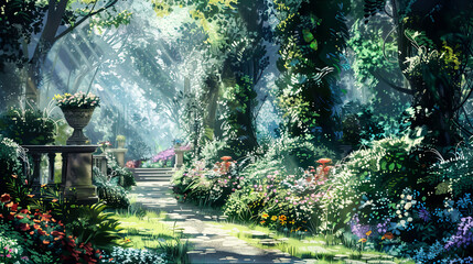 Realistic watercolor of a Victorian garden, ornate flower beds, lush greenery, gentle sunlight ,Ultra-High Detail, Ultra-Realistic