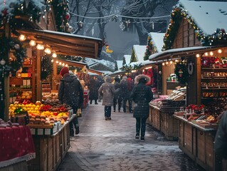 Obraz premium Winter market bustling with shoppers among festive stalls decorated with lights and snow at dusk