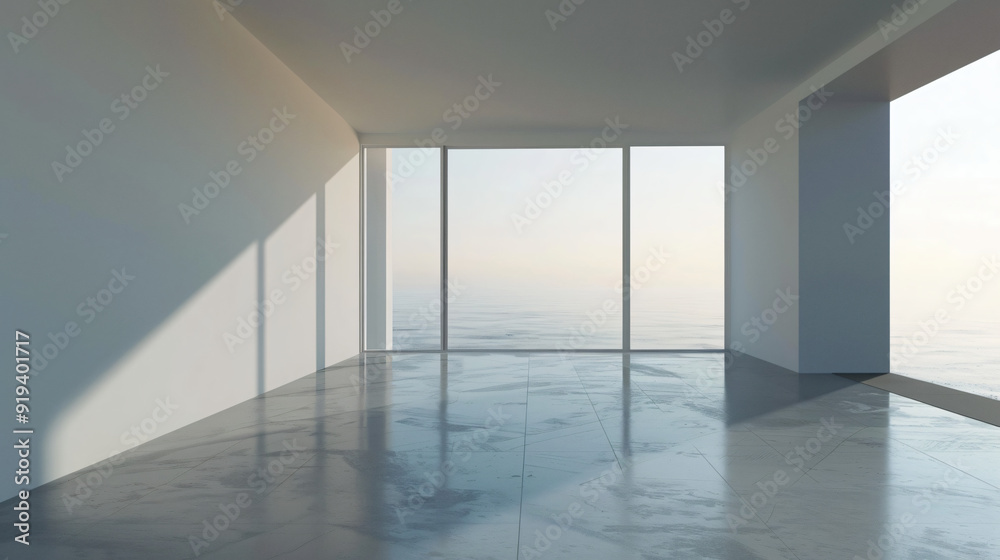Aufkleber empty modern office space with ocean view illuminated by sunlight at sunset
