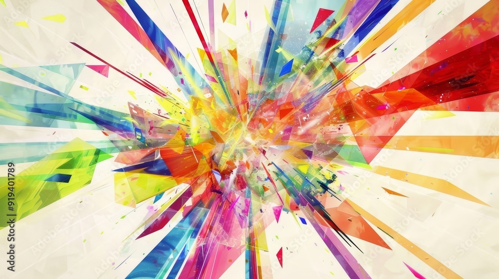 Poster dynamic abstract explosion of colorful geometric shapes against white background creating movement a