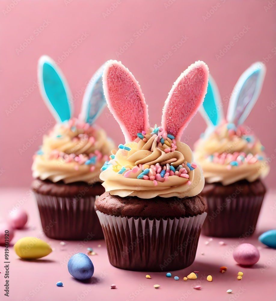 Wall mural Easter chocolate cupcakes with bunny ears and colored sprinkles on a pink background. Generative AI