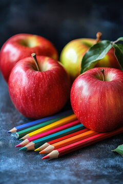 Back to School Essentials,  A nostalgic still life scene showcasing an assortment of colored pencils radiating brightness alongside luscious red apples, all set against an aged