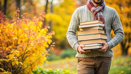 Man carrying armful of book logs in autumn garden setting, man, carrying, armful, book logs, garden, autumn, stack, firewood