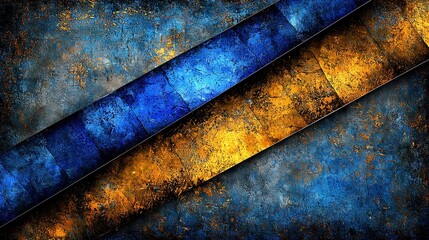   Close-up of a blue and yellow painting on a black background with a yellow stripe at the bottom