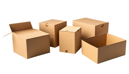 pf box packages or multi-sided cardboard for isolated packaging on transparent png background.