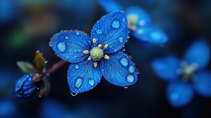   A blue flower with water droplets and a green stem