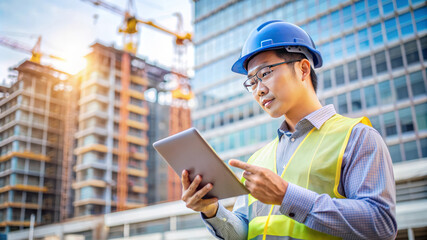 Construction Engineer Using Tablet on Building Site.
