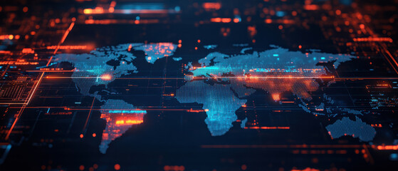 Obraz premium AI Global economic, Aerial view of a digital world map with close-up focus on glowing hologram labels that highlight global economic data. The setting features a dynamic,