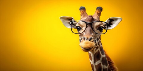 Obraz premium Giraffe wearing stylish glasses against a vibrant yellow background, Giraffe, glasses, fashion, chic, trendy, stylish, wildlife