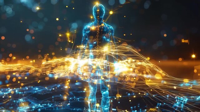 Glowing hologram of human body 3D structure with dark background