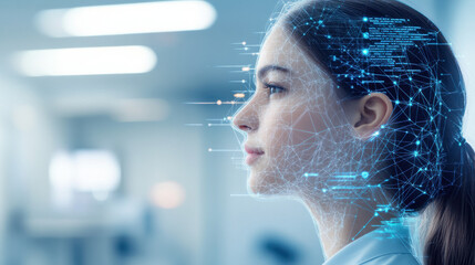 AI Face recognition,  A profile view of a female model with illuminated wireframe graphics projected onto her face. Set in a high-tech lab, the atmosphere is vibrant with light. The