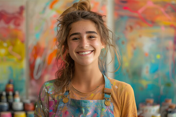Fototapeta premium Vibrant Workspace with Cheerful Young Woman Engaged in Painting or Crafting. Surrounded by Art Supplies and Bright Colors, This Inspiring Environment Highlights Creativity and Passion 