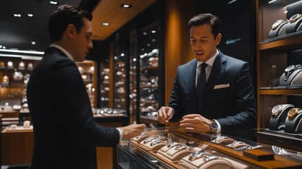 A salesperson assists a customer in a luxury jewelry store.  They discuss the selection of a watch.