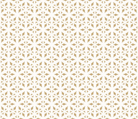 Vector abstract golden geometric pattern with diamond shapes, rhombuses, triangles, grid. Simple gold and white texture. Luxury modern background. Repeated geo design for decor, package paper, wrap