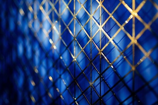 A photo of a deep blue background with gold geometric patterns in a minimalist setting in the morning