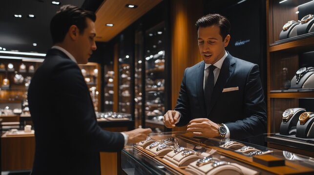 A salesperson assists a customer in a luxury jewelry store.  They discuss the selection of a watch.