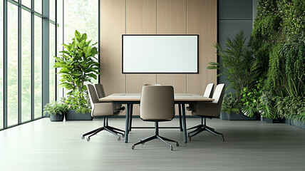 Business meeting in a modern office surrounded by indoor plants, large windows with ample space for banner text, eco-friendly workspace