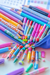 Fototapeta premium Back to School Essentials, A close-up of an organized pencil case spilling colorful stationery items like gel pens, markers, and erasers onto a pastel-colored table, with a