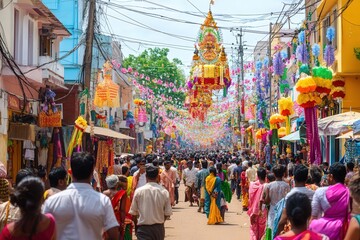Fototapeta premium A bustling street filled with people celebrating a festival, beautifully decorated with colorful traditional ornaments and paraphernalia reflecting cultural vibrancy.