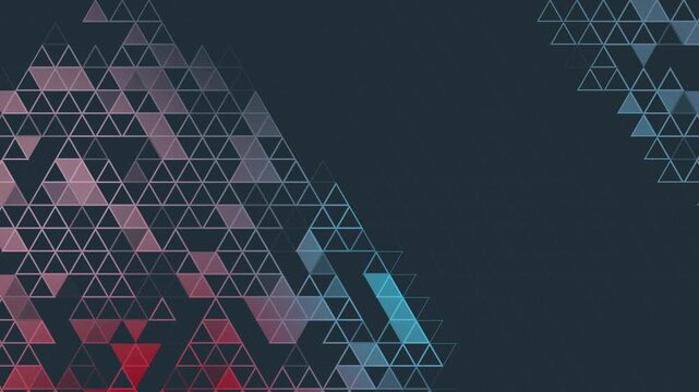 Triangle mosaic pattern loop geometric dark blue background. Red and blue shape. Copy space.