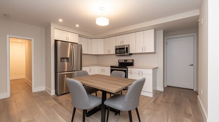 Fototapeta premium A minimalistic kitchen showcases white cabinets, light wood flooring, and a bright atmosphere, highlighted by grey chairs around a wooden dining table and stainless steel appliances