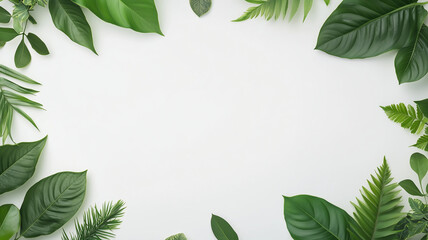 Modern business banner with lush green leaves framing the edges, emphasizing sustainability, and large open space for text, vibrant yet professional