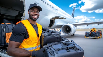 A smiling airport worker in a yellow vest loads luggage onto an airplane.