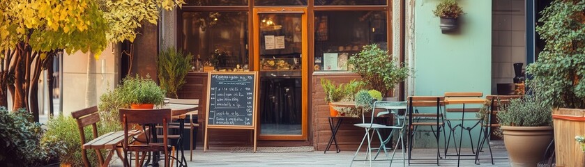 Charming outdoor cafe with wooden furniture, inviting atmosphere, and lush plants, perfect for relaxing and enjoying coffee.