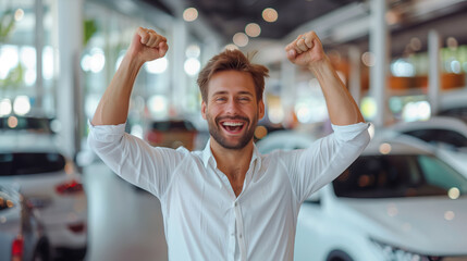 Happy Smiling Man in White Shirt Celebrating His New Car Purchase in a Showroom