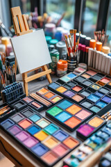 art supplies selection,  A beautifully arranged layout of art materials on a crafting table. Items like acrylic paints, charcoal sticks, and sketchbooks are the focus. Nearby, a
