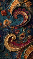 Obraz premium Colorful, swirling floral patterns create a rich, decorative design against a deep blue backdrop