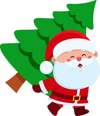 Cute Santa Claus Cartoon Character Carrying Christmas Tree. Vector Illustration Flat Design Isolated On Transparent Background