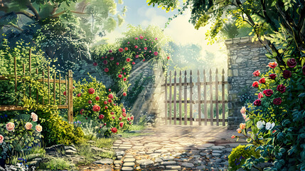 Obraz premium Realistic watercolor of an English cottage garden, blooming roses, cobblestone path, rustic wooden gate, bright midday sun