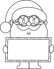 Outlined Cute Santa Claus Cartoon Character Holding A Blank Sign. Vector Hand Drawn Illustration Isolated On Transparent Background