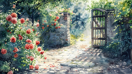 Realistic watercolor of an English cottage garden, blooming roses, cobblestone path, rustic wooden gate, bright midday sun