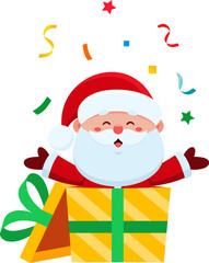 Cute Santa Claus Cartoon Character Exit From Gift Box. Vector Illustration Flat Design Isolated On Transparent Background