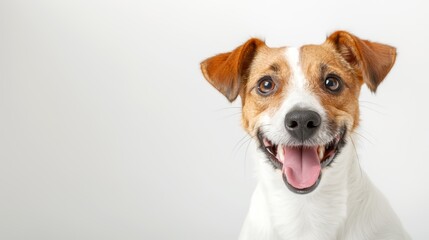 Happy and cheerful brown and white dog with open mouth and tongue out, looking at the camera against a plain background.