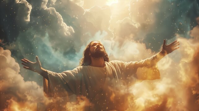 Heavenly Spiritual Scene of Jesus in Glory and Light, Embracing Faith and Salvation