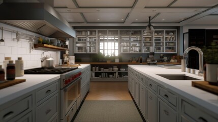 Modern Kitchen with Glass-Front Cabinets and a Window View