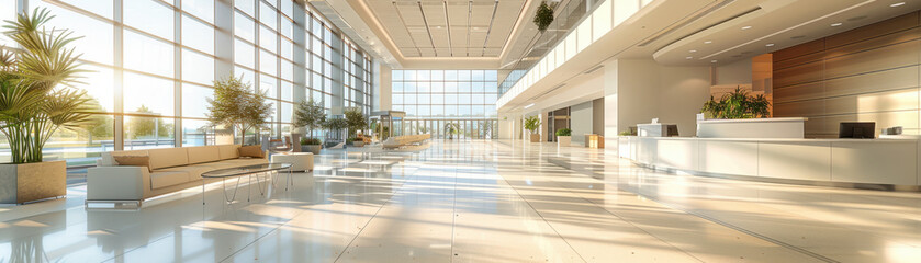 Fototapeta premium Medical Background, Wide angle view of a luminous, spacious hospital lobby featuring sleek seating furniture, a reception desk, and large glass windows, casting natural light over