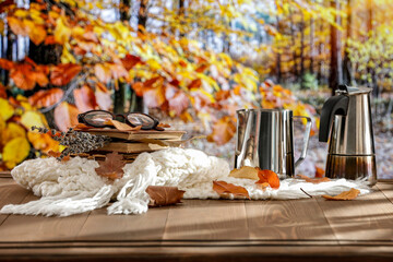 Autumn still live composition with sunny autumn field and forest background.