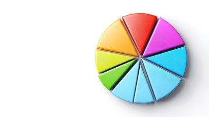 Obraz premium Colorful 3D pie chart with eight segments in various bright colors, isolated on a white background, representing data, statistics, and infographics.