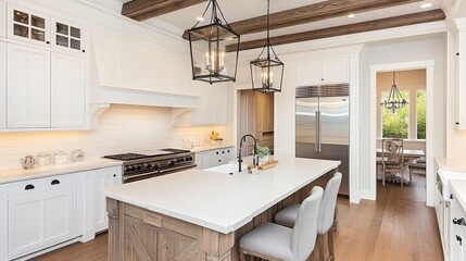 A minimalistic kitchen showcases white cabinets, light wood flooring, and a bright atmosphere, highlighted by grey chairs around a wooden dining table and stainless steel appliances