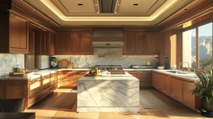 Obraz premium Modern Kitchen with Marble Island and Wood Cabinets