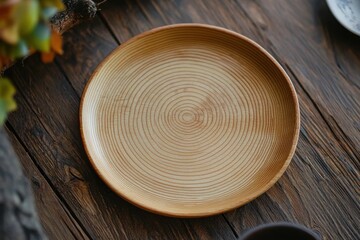 Delicate wooden round porcelain plate, small size, top-down perspective, showcasing intricate details and craftsmanship, perfect for decorative or dining purposes